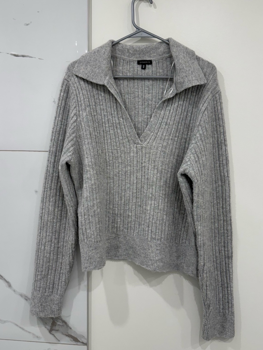 Dynamite Light Gray Ribbed V-Neck Collared Sweater - Picture 3 of 3